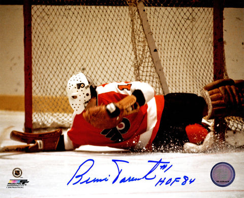 BERNIE PARENT Signed Philadelphia Flyers Goalie Save 8x10 Photo w/HOF'84 - SS