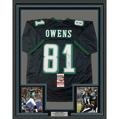 Framed Autographed/Signed Terrell Owens 33x42 Philadelphia Black Jersey JSA COA