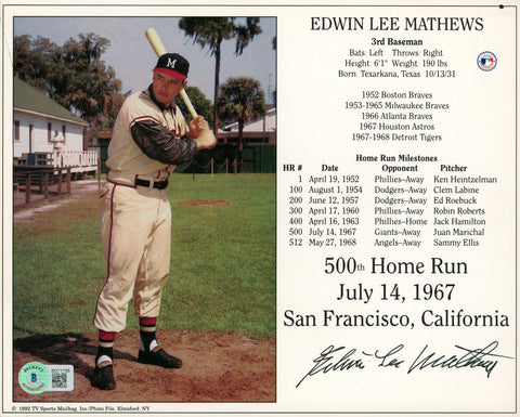 Braves Edwin Lee Mathews Authentic Signed 8x10 Photo Autographed BAS #BD71798