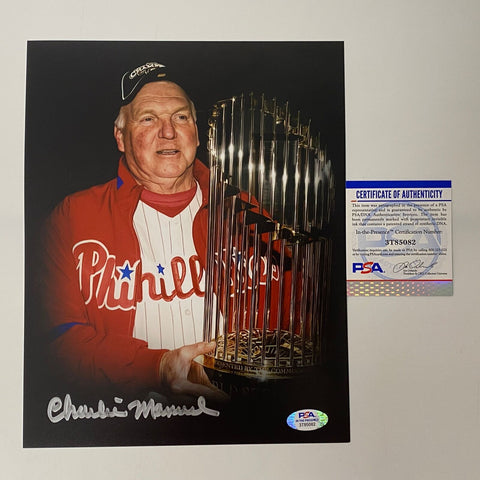 Autographed/Signed Charlie Manuel 2008 World Series 8x10 Photo PSA/DNA COA