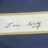 FRAMED Autographed/Signed LOU HOLTZ 33x42 Notre Dame Blue Jersey JSA COA