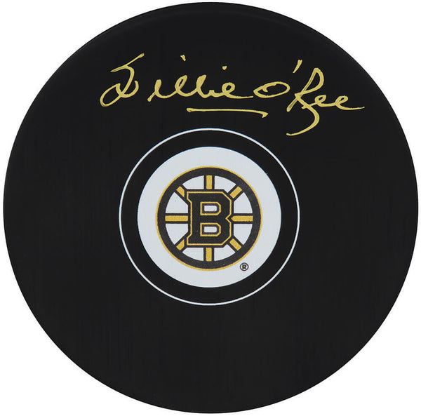 Willie O'Ree Signed Boston Bruins Team Logo Hockey Puck (In Gold) (SCHWARTZ COA)