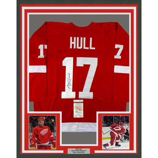 Framed Autographed/Signed Brett Hull 33x42 Detroit Red Hockey Jersey JSA COA