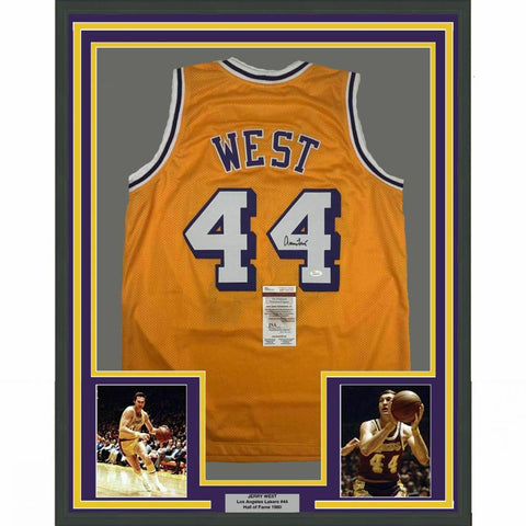 FRAMED Autographed/Signed JERRY WEST 33x42 Los Angeles Yellow Jersey JSA COA