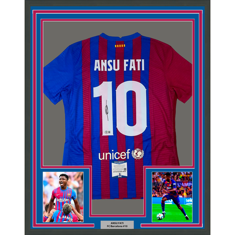 Framed Autographed/Signed Ansu Fati 33x42 FC Barcelona Blue Jersey BAS COA