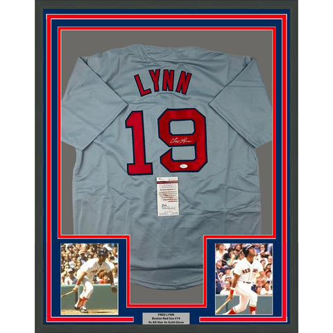 Framed Autographed/Signed Fred Lynn 33x42 Boston Grey Baseball Jersey JSA COA