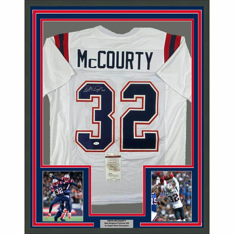FRAMED Autographed/Signed DEVIN MCCOURTY 33x42 New England White Jersey JSA COA