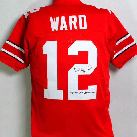 Denzel Ward Autographed Red College Style Jersey w/ Insc - JSA W Auth *2