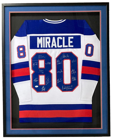 1980 USA Miracle On Ice (15) Team Signed Framed Custom White Hockey Jersey JSA