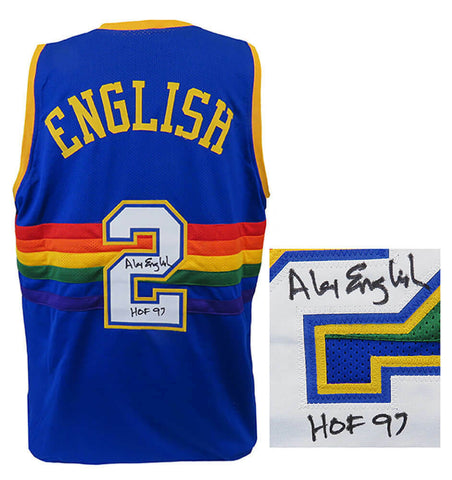 Alex English Signed Blue T/B Custom Basketball Jersey w/HOF'97 - (SCHWARTZ COA)