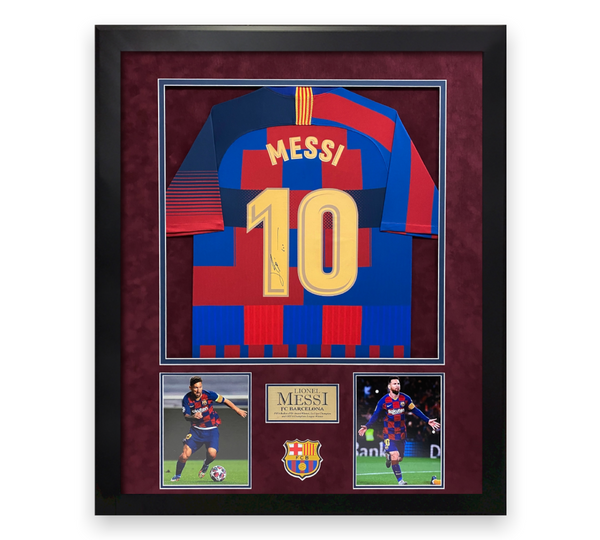 Lionel Messi Signed Autographed Barcelona Jersey Custom Framed to 32x40 Icons