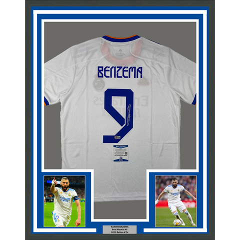 Framed Autographed/Signed Karim Benzema 33x42 Real 2021-22 White Jersey BAS COA