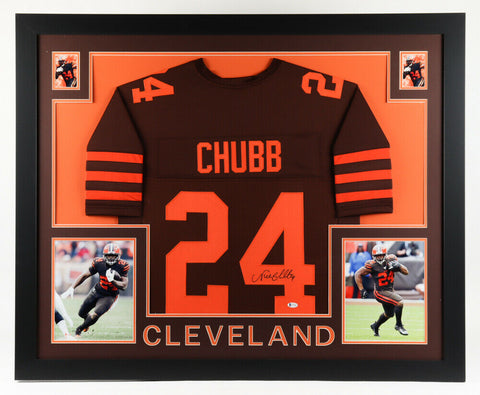 Nick Chubb Signed Cleveland Browns 35x43 Framed Color Rush Jersey (Beckett Holo)