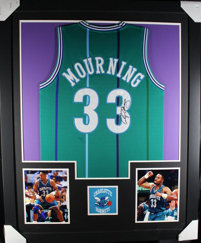 ALONZO MOURNING (Hornets teal TOWER) Signed Autographed Framed Jersey PSA