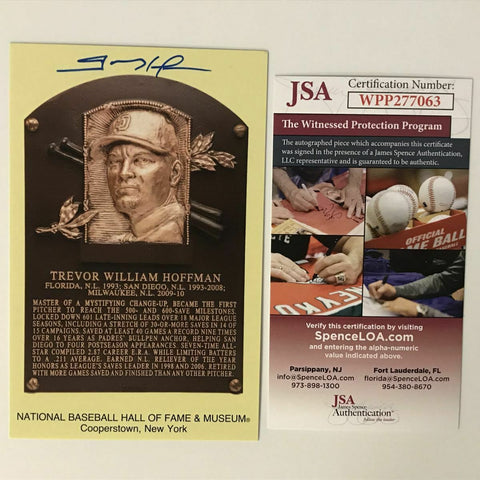 Autographed/Signed TREVOR HOFFMAN HOF Hall Of Fame Plaque Postcard JSA COA Auto