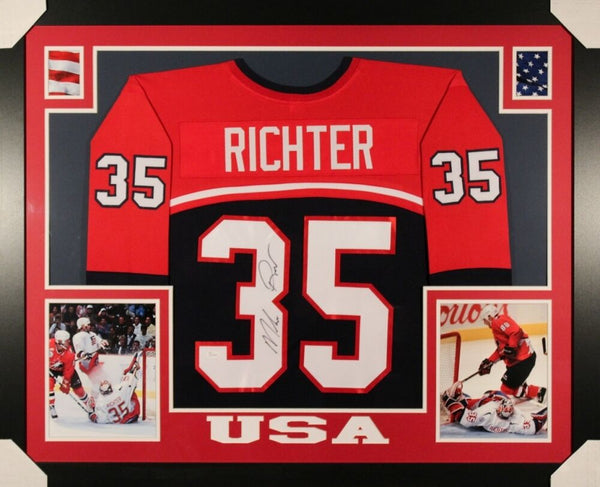 Mike Richter Signed Team USA 35x43 Custom Framed Jersey (JSA) N Y Rangers Goalie