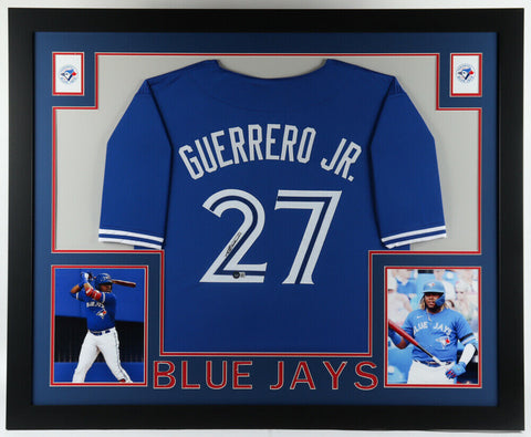 Vladimir Guerrero Jr Signed 35 x 43 Framed Blue Jersey Display Beckett Hologram