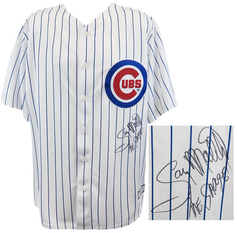 Gary Matthews Signed Cubs White Pinstripe Majestic Rep Jersey w/Sarge - (SS COA)