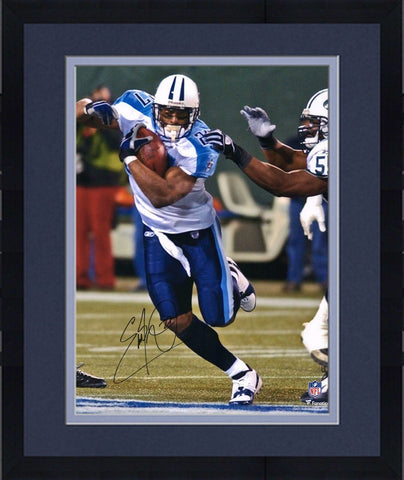 Framed Eddie George Tennessee Titans Signed 16" x 20" White Jersey Running Photo