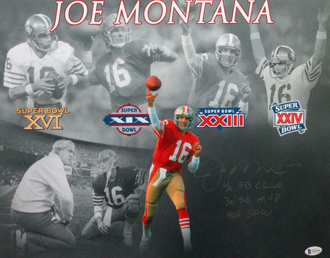Joe Montana Autographed 49ers 16x20 Photo SB Wins w/ 3 Insc- Beckett Wit *Silver