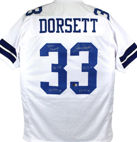 Tony Dorsett Signed White Pro Style Jersey w/ 5 Stats- Beckett W Hologram
