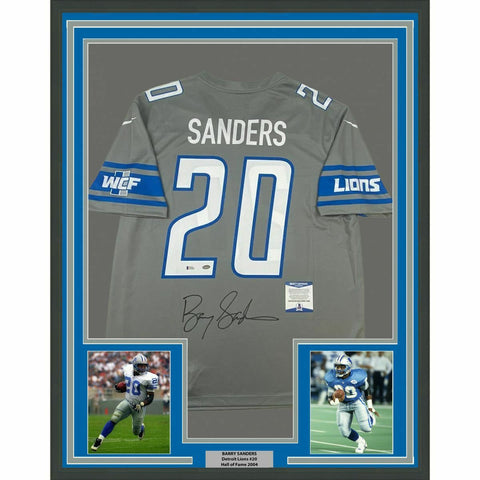 FRAMED Autographed/Signed BARRY SANDERS 33x42 Detroit Lions Grey Jersey BAS COA