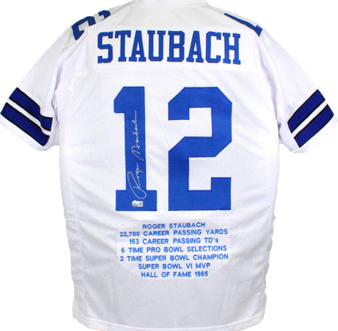 Roger Staubach Autographed White Pro Style STAT Jersey- Beckett W Holo *Silver