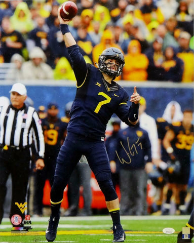 Will Grier Signed W. Virginia 16x20 Throwing in Blue PF Photo- JSA W *Silver