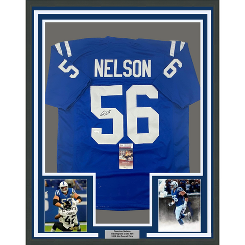 Framed Autographed/Signed Quenton Nelson 33x42 Indianapolis Blue Jersey JSA COA