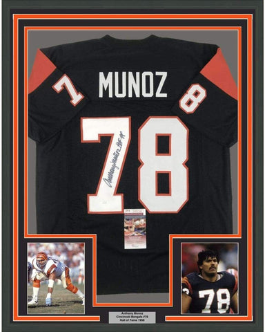 Framed Autographed/Signed Anthony Munoz 33x42 Cincinnati Black Jersey JSA COA