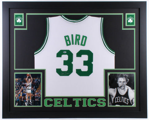 Larry Bird Signed Boston Celtics 35x43 Framed White Jersey (Beckett COA)