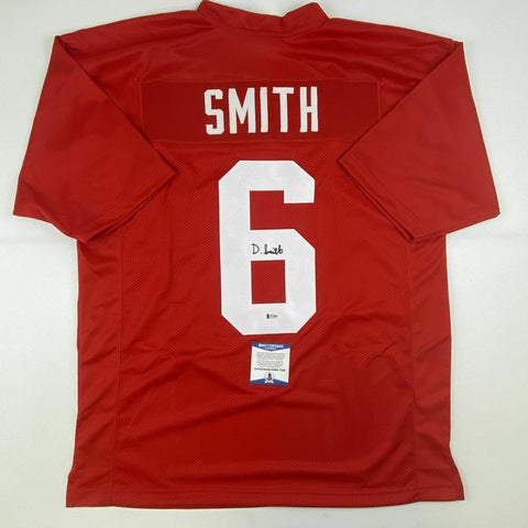 Autographed/Signed DEVONTA SMITH Alabama Red College Football Jersey BAS COA