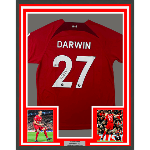 Framed Autographed/Signed Darwin Nunez 33x42 Liverpool Red Soccer Jersey BAS COA