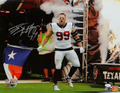 JJ Watt Autographed Houston Texans 16x20 TX Flag Yelling PF Photo- JSA W *Silver