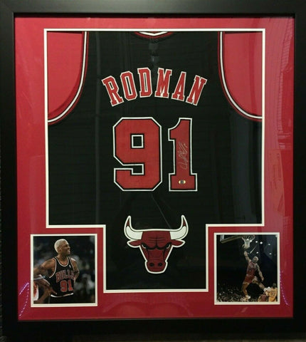 Dennis Rodman Signed Chicago Bulls 36"x39" Custom Framed Jersey (S.I.Hologram)