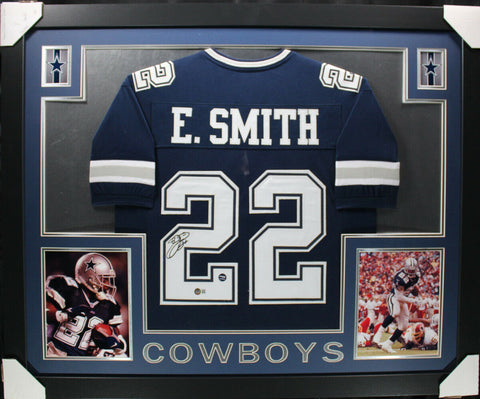 Emmitt Smith Autographed/Signed Pro Style Framed Blue XL Jersey Beckett 35357