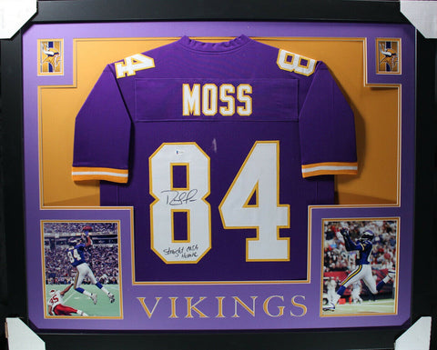 Randy Moss Autographed/Signed Pro Style Framed Purple XL Jersey Beckett 35352