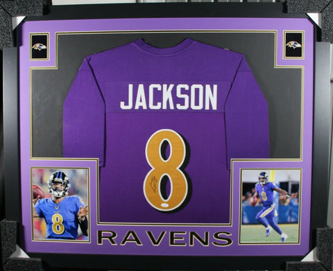 LAMAR JACKSON (Ravens color rush SKYLINE) Signed Autographed Framed Jersey JSA