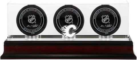 Calgary Flames Mahogany Three Hockey Puck Logo Display Case