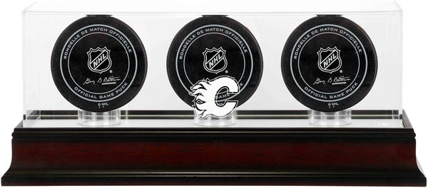 Calgary Flames Mahogany Three Hockey Puck Logo Display Case