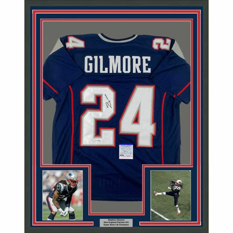 FRAMED Autographed/Signed STEPHON GILMORE 33x42 New England Blue Jersey PSA COA