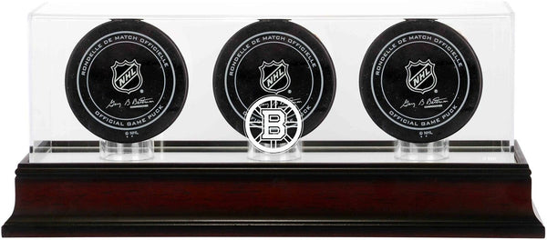Boston Bruins Mahogany Three Hockey Puck Logo Display Case