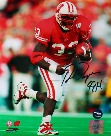 Ron Dayne Autographed Wisconsin Badgers 8x10 Running Photo w/99H-Prova *Silver