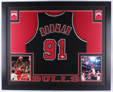 Dennis Rodman Signed Chicago Bulls 35" x 43"Custom Framed Black Jersey (JSA COA)