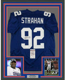 Framed Autographed/Signed Michael Strahan 33x42 New York Blue Jersey JSA COA