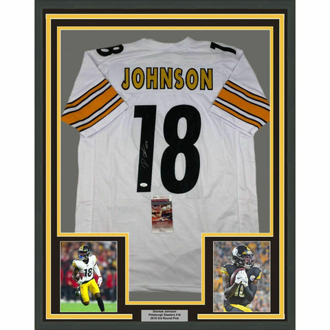 FRAMED Autographed/Signed DIONTAE JOHNSON 33x42 Pittsburgh White Jersey JSA COA