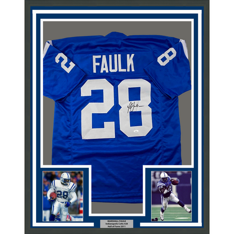 Framed Autographed/Signed Marshall Faulk 33x42 Indianapolis Blue Jersey JSA COA