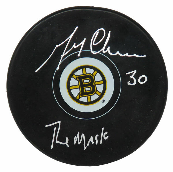 GERRY CHEEVERS Signed Boston Bruins Hockey Puck w/The Mask - SCHWARTZ