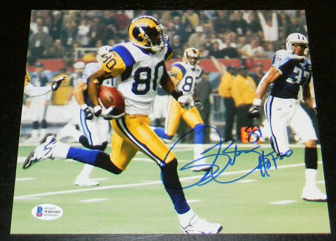 ISAAC BRUCE SIGNED AUTOGRAPHED ST LOUIS RAMS 8x10 PHOTO BECKETT W/ HOF 20