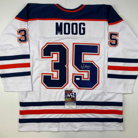 Autographed/Signed Andy Moog Edmonton White Hockey Jersey JSA COA